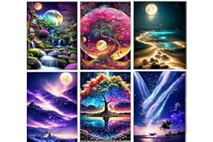 MRNSIET 6 Packs Paint by Numbers for Adults,DIY Landscape Paint by Number Kits for Adults Beginners,Aurora and Moon Painting Craft Art for Home Wall Decor12X16Inch