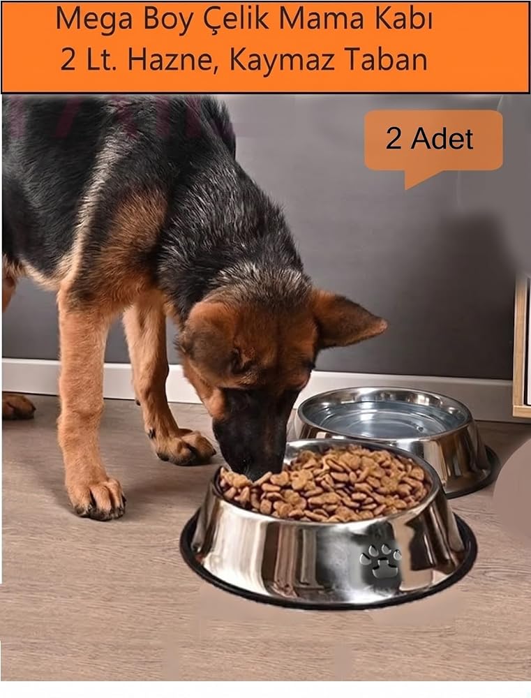 DUFFA Paslanmaz Çelik Büyük Irk Köpek Mama Ve Su Kabı, Köpek Çelik Mama Kabı, Kaymaz Lastikli Taban, Kolay Temizlenebilir - Mega Boy Büyük Irk Köpekler 2000 ml (2 Adet) (DFF7-33cm)