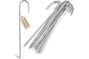 Graxury 8Packs 16inch Heavy Duty Trampoline Tents Anchor Ground Pegs - Galvanized Steel Rust-Proof J Hook Rebar Stakes Fit Trampolines Camp Garden Shed Swings with Chisel Point End