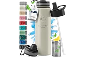 ‎BEMAXX Butelka do picia ze stali nierdzewnej ACTIVE FLASK + słomka (3 pokrywki) wolna od BPA, szczelna, odpowiednia na dwutlenek węgla - butelka na wodę termos rowerowy izolowana izolowana butelka sportowa