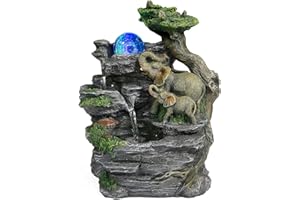Dyna-Living Fontaine d'intérieur avec boule roulante, en polyrésine, éclairage LED, multicolore, éléphant, rocaille, plateau de table, fontaine cascade