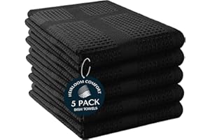HEIRLOOM COMFORT 5 Pack Black Waffle Weave Kitchen Towels, 40x66 cm, 100% Cotton, Absorbent Dishcloth Set, Quick Drying, Durable for Cleaning, Wiping, Drying Dishes, Machine Washable Dish Towel