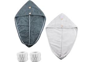 JRSHIRLEYLTD 2 asciugamani in microfibra per capelli lunghi e ricci, turbante per capelli, asciugamano turbante con bottoni per asciugatura rapida, super assorbente, anti-crespe, asciugamano da donna, grigio