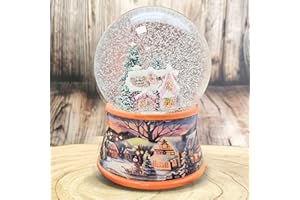 MINIUM COLLECTION Bola de nieve navideña con música, bola de nieve, casa de panadería, pedestal, paisaje invernal, ocre, 100 mm de ancho, 140 mm de alto, caja de música mecánica, decoración navideña, 20304