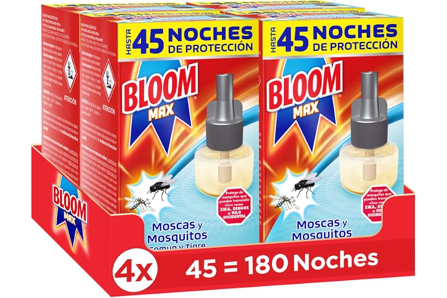 Bloom Max pack de 4 recambios Líquido, insecticida eléctrico antimosquitos contra moscas y mosquitos común y tigre