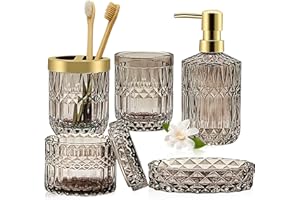 TeamSky Bathroom Accessories Set, 5PCS Glass Set, Includes Lotion Dispenser, Soap Dish, Toothbrush Holder, Tumbler and Jar, Stylish Modern Bathroom Decor (Amber)
