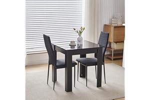 Kamorry Dining Table and 2 Chairs,3 Piece Dining Room Set, Wood Kitchen Table with High Gloss Top and 2 Upholstered Chairs for Small Spaces, Apartment (Black Table, Linen Black Chair)
