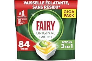 Fairy Original Tablettes Lave-vaisselle Tout-en-1, 84 Tablettes, Parfum Citron, Efficaces Contre La Graisse Incrustée, Dissolution Ultra-Rapide, Sans Odeur ni Résidus