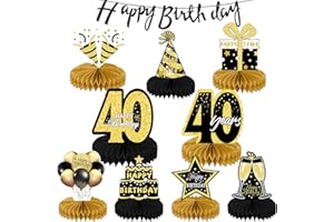 KEPMOV 40th Birthday Table Decoration, 9 Pieces Black Gold Table Centerpieces Decorations, Happy Birthday Banner for Party Decorations, Honeycomb Centerpieces for Forty Years Birthday Party Supplies