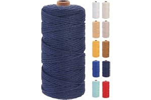 GOHOF Macrame Cord 3mm x 100m Premium Cotton Macrame Rope, 4 Strand Twisted Soft Cotton Cord, One of The Most Perfect Materials for Macrame Art, Cotton String Without Chemicals (Denim)