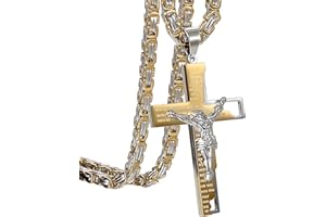 OIDEA Collana da uomo, con ciondolo a forma di crocifisso, in stile vintage da motociclista, in acciaio inox, con crocifisso e maglia bizantina, 55 cm, colore: nero e argento