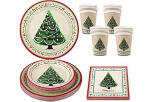 Kalolary Set di Stoviglie Natalizie Usa e Getta 96 Pezzi – 24 Set con Piatti da 9" e 7", Bicchieri da 9oz e Tovaglioli – Decorazioni per la Tavola di Natale per 24 Persone（Albero di Natale Verde）