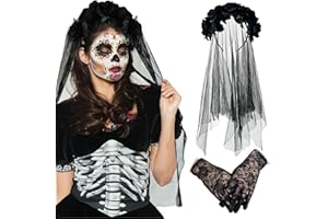 XIMEY Diadema Día de los Muertos, Diadema Catrina Mujer, Diadema Halloween Mujer, Velo Novia Cadaver, Velo Negro Halloween, Velo de Novia Negro, Accesorios Halloween Mujer (Negro)