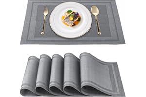 HOTACE Tablemats Set of 6 - Placemats Woven Vinyl with Silver Grey Rectangle, Heat Insulation Washable PVC Table Place Mats for Kitchen Dining Restaurant Decor