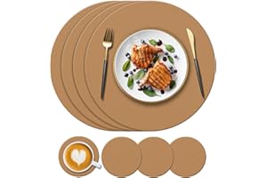 KERYCHIN Round Silicone Place Mats and Coasters Set, Heat-Resistant 450 °F, Non-Slip and Waterproof, Easy to Clean, Placemats for Kitchen Dining Table Home Restaurant, 8 Pieces, Brown