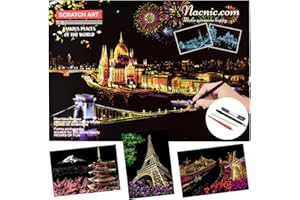 NACNIC Dibujos para rascar. Torre Eiffel Molinos Holanda Monte Fuji. Láminas con fondo colorido para rascar. Scratch Painting. Manualidad rascar Serie ciudades.Hojas de rascar. Sets de 3 hojas de 40.5*28.5cm