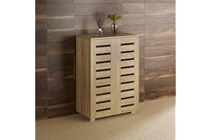 Home Source 2 Door Wooden Shoe Storage Cabinet Rack Stand Slatted Cupboard, MDF, Oak Effect
