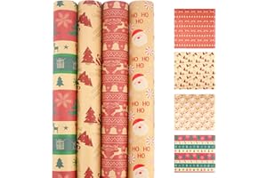 Christmas Wrapping Paper Roll,Cydaluya 4 Roll Recyclable Kraft Christmas Wrapping Roll,43cm*3m Xmas Wrapping Paper Rolls with 4 Vintage Designs for Christmas Decoration.