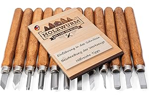 HOLZWURM Set di strumenti per intaglio del legno 12 pz., istruzioni (EN), coltello da intaglio ideale per intagliare legno, verdura, frutta e molto altro ancora