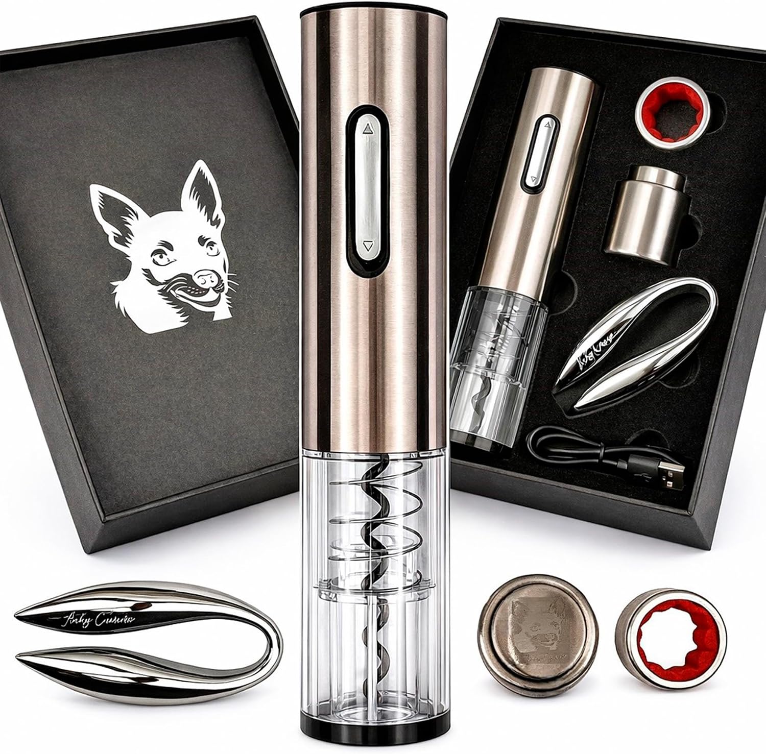 Kuky Cuisine Sacacorchos Eléctrico Recargable para Vino con Cortacápsulas, Tapón de Vacío y Anillo Antigoteo, Set Abridor en Caja Regalo