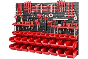 PAFEN Workshop Shelving Storage System - 1152 x 780 mm - Wall Shelf with Red Stacking Boxes and Tool Holder - Bulk Shelf Wall Plates Extra Strong