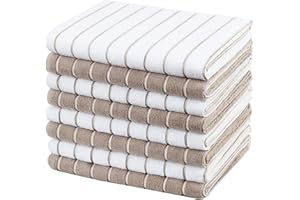 gryeer Microfibre Tea Towels - Pack of 8 (Stripe Designed Brown and White Colours) - Soft, Super Absorbent and Lint Free Kitchen Towels, 45 x 65 cm