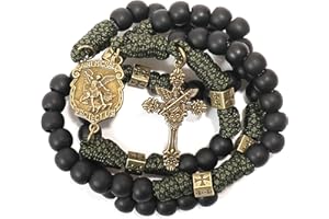 Nazareth Store Antique Bronze Metal Rugged Durable Paracord Rosary Necklace Black Matte Prayer Beads with Saint Medal and Crucifix