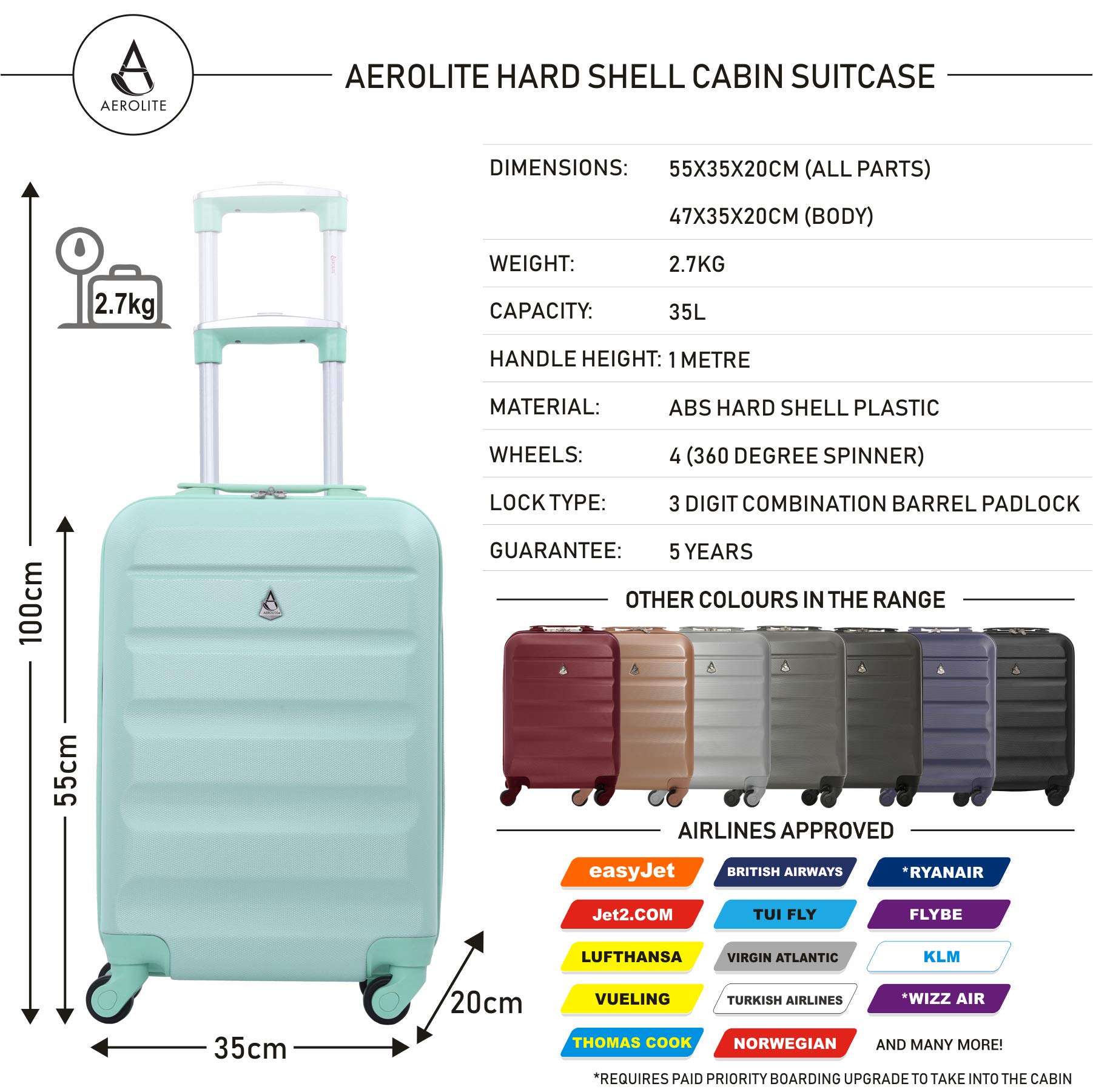 Aerolite Super Lightweight ABS Hard Shell Travel Carry On Cabin Hand