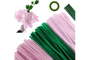 APKOL 300pcs Tiges de Fils Chenille Coloré Cure Pipes Rose + Vert avec Fil de Fleurs en Ruban Floral Chenille Stems Pipecleaners pour Bouquets de Tulipes roses Projets D'artisanat