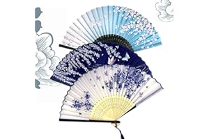 SATIFICER Faltbare Fächer Handfächer,3PCSChinesischen Stil Hand Fächer Mit Quasten,Damen Herren Bambus Fächer,Blaues und weißes Porzellan Chinesischen Stil Hand Fächer Hochzeit Mit Quasten für Wanddekoration