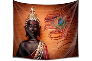 DekoArte TP31 -Arazzo da Parete Moderna Stampa Artistica Digitale | 100% Poliestere Decorazione in Tessuto per il Soggiorno o Camera Da Letto | Stile Buddha su sfondo in legno di, piume | 150 x 130 cm