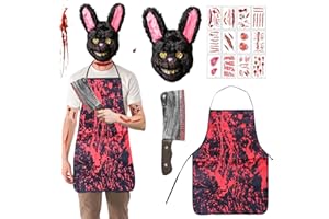 BGTLJKD Masque d'Halloween Horreur Lapin Set, Costume d'Halloween Hommes, Sanglant Lapin, Livré avec un masque de lapin effrayant, un tablier, une machette gonflable et des autocollants