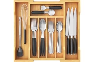 Lifewit Organizador Cubiertos de Bambú para Cajon, Extensible Bandeja Vajilla 24 a 40 cm, Profundidad de 33cm, Almacenaje Talheres para Cocina, Separador Ajustable para Utensilios/Cucharas/Herramienta
