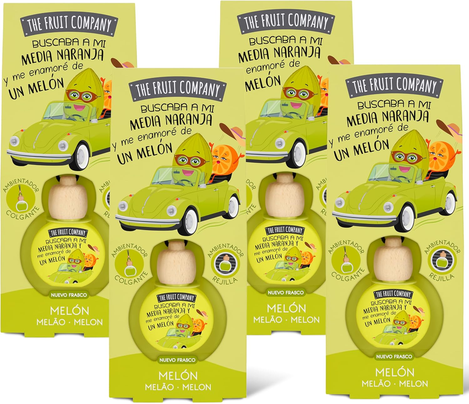 The Fruit Company - Ambientador de coche con Absorbe olores, aroma frutal MELÓN, Pack de 4 unidades