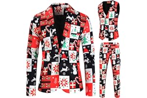 RTGSE Herren Weihnachtsanzug Hässliche Weihnachtskostüm Anzug Jacke + Ärmellose Weste + Lange Hosen Hose 3 Stück Kleidung Sets für Party