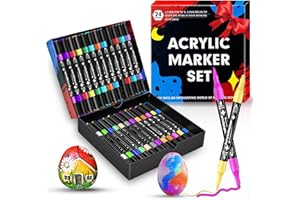 Dictien 24 Colores Rotuladores Acrilicos, Doble Punta,Rotuladores Permanentes de Colores,Cerámica, Vidrio, Madera, Tela, Lienzo y Metal. a Base de Agua, Secado Rápido, No Tóxico y Sin Olor