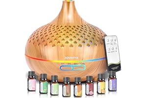 ZOVHYYA Difusor de Aromaterapia 500ML con 14 Colores LED Máquina de Aroma Humidificador con Control Remoto Temporizador 4 Niveles 2 Modos de Niebla y 8 Aceites Esenciales