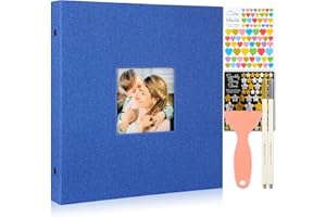 Benjia Album Fotos Autoadhesivo, Lino Album de Fotos Adhesivo con Pegatinas Metálicas para Bolígrafos 10x15 11x15 13x18 (Azul, Pequeño 40 hojas / 80 páginas)