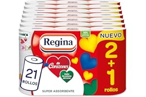 Regina De Corazones - 21 Rollos de Papel de Cocina, 58 Hojas de 2 Capas por Rollo, Máxima Absorbencia, 100% de Pura Celulosa,