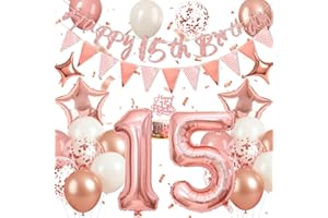 Happivue 15th Birthday Decorations, Sweet Balloons Party Decoration for Girls, With Happy 15th Birthday Banner, Cake Toppers and Triangle Flags, Foil Balloon, 15 Rose Gold Party Decoration for Her