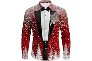 AEGJEGVD Chemise Noel Homme Rouge Manches Longues Chemise Disco Slim Fit-Blouse Pull de Noel Moche à Revers Classique Haut Christmas Motif 3D Drole Print Tee Shirt Tunique Hommes Cadeau Xmas Noël et Fête