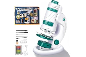 KinZon Microscopio 3 en 1 para niños, con 5 cuchillas preparadas, luz LED, 60x-180x, juguete científico educativo, desde 6 años