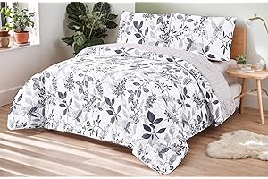 DH DREAMER HOME Colcha Boutis con Diseño Hojas Gris + 2 Funda Cojin 50x70 cm - Cubrecama Ligera Fina Entretiempo Extra Suave y Transpirable (Cama 150, 240x260cm)