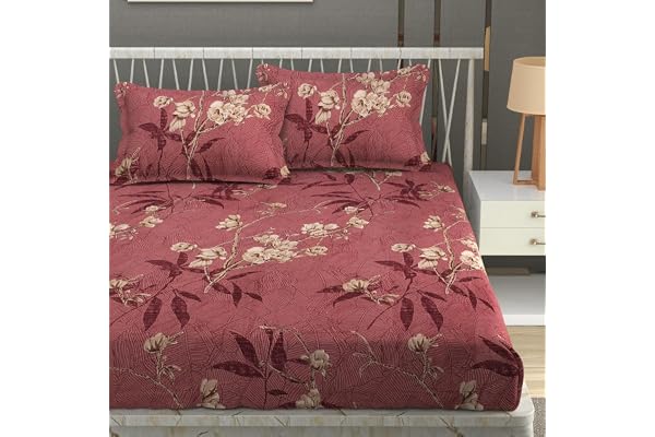 Stylish Threads Premium Heavy Cotton Elastic Fitted Bedsheets with 2 King Size Pillow Covers Double Bed with All Around Elastic 350 TC 72 x 78 x 10 Inch King Size Fitted - Maroon Flower