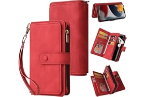 GoodcAcy Funda para Vivo Y16 4G/Vivo Y02S,15 Ranuras para Tarjetas, Estilo Retro, de Piel, y Correa de muñeca, Cierre de Cremallera, Cierre magnético - Rojo