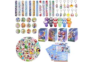 Sinaikepoo Kindergeburtstag Partyfavor, 122 PCS Super Party Deko: 12 Schlüsselschnalle, 12 Slap Armbänder, 12 Geburtstagstüten, 12 Brosche, 12 Einladungskarte und 50 Aufkleber für Kinder