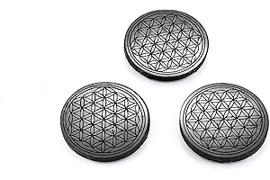 KASHU SN NATURSTEIN UG Pierre précieuse Shungite directement de Caréles: 3 x plaque Shungite "Fleur de Vie", ronde et polie 50 mm