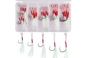 JSHANMEI Assist Jig Fishing Hooks Kit, 50pcs Fishing Assist Hooks with Feather High Carbon Steel Sharp Jig Lures Hooks Slow Pitch Jig Hooks Set for Trolling