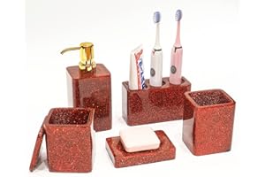 Suanti Juego de accesorios de baño, 5 piezas de resina roja para decoración de baño con dispensador de loción, jabonera, vaso, soportes para puntas Q, artículos esenciales para el baño nuevo hogar