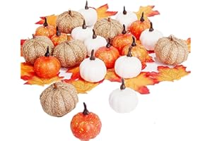 CYMAX Cymay Zucche artificiali assortiti giallo,22pcs Mini Zucca Autunnale Artificiale e 30pcs Foglie di Acero per Halloween Ringraziamento Autunno Raccolta decorazione da tavolo